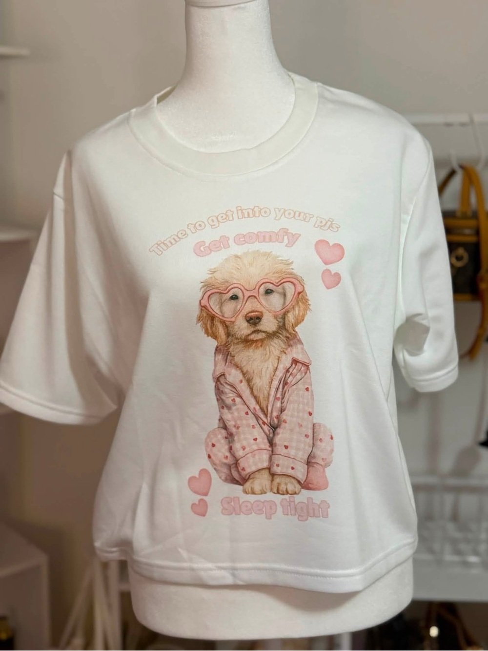White "Get Comfy" Dog Graphic Tee - Pink Accents